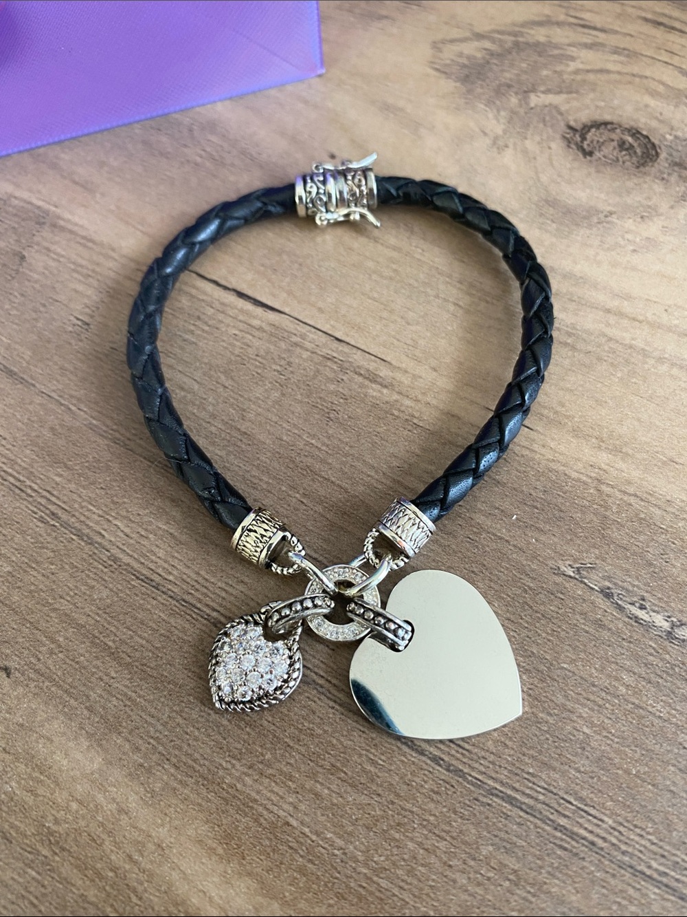Black Braided Leather Heart Charm Bracelet